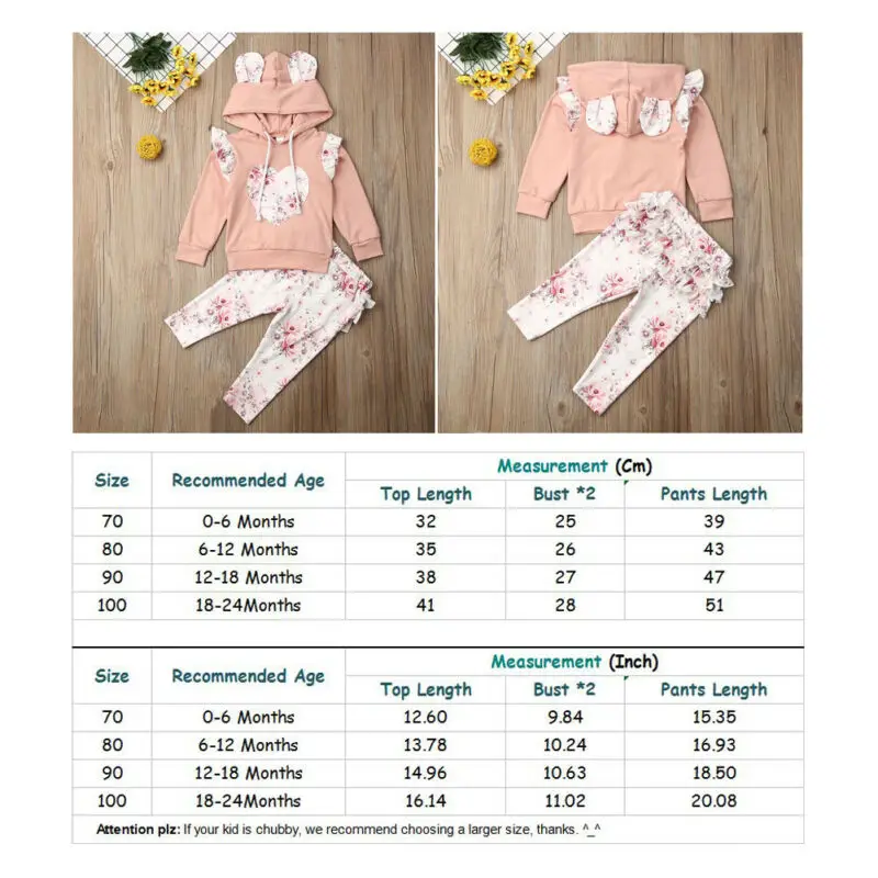 Blotona 2PCS Baby Girl Flowers 3D Ear Hoodies Top Sweatshirt Ruffle Pants Clothes Outfit Set 0-24M