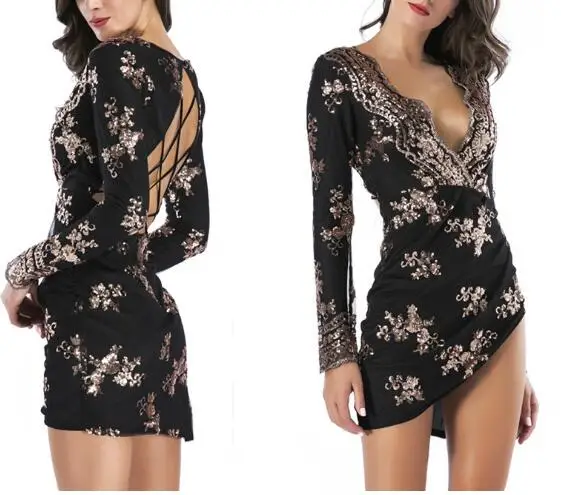 Lady Sequin Glitter Shiny Club Mini Dress Women Sexy Deep V-neck Slit Bodycon Dress Autumn Long Sleeve Party Dress
Lady Sequin Glitter Shiny Club Mini Dress Women Sexy Deep V-neck Slit Bodycon Dress Autumn Long Sleeve Party Dress