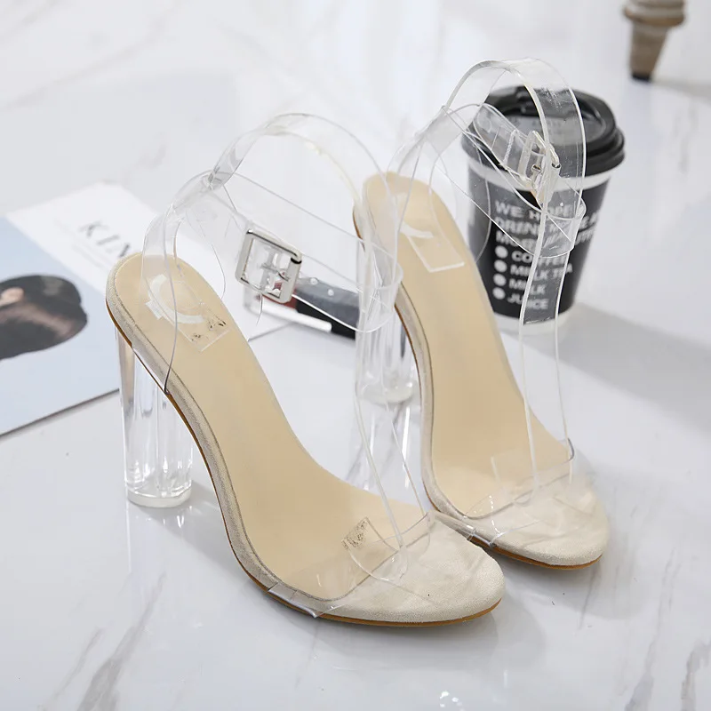 Thick heel transparent sandals with same transparent sandals with one line buckle versatile sandals 35-42