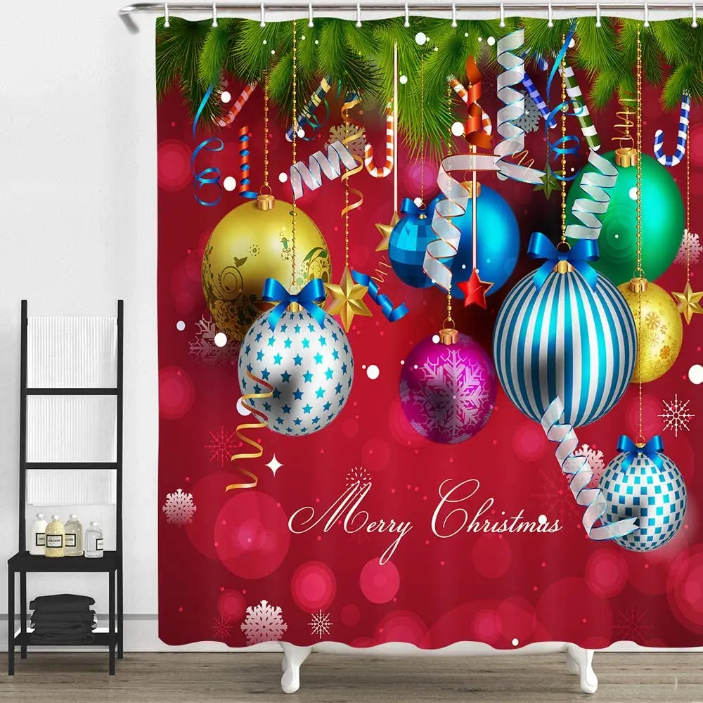 

Christmas Shower Curtains, Christmas Tree Branches with Colorful Baubles, Polyester Fabric Xmas Bath Curtain for Bathroom Decor