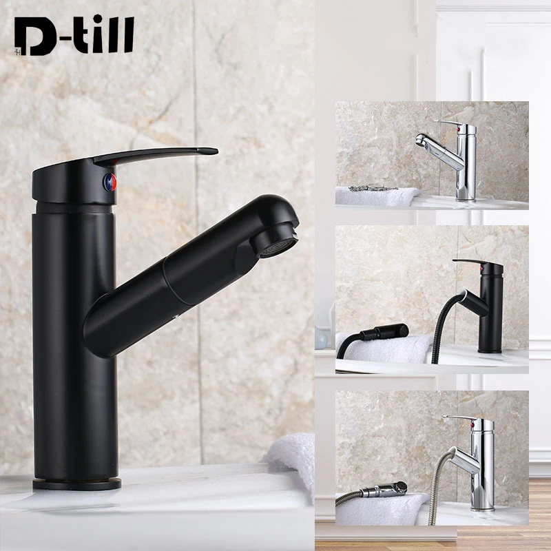 

D-till Bathroom Sink Basin Faucets Stainless Steel Black Water Wash Deck Mounted Hot Cold Waterfall Mixer Taps Pull-out Faucet