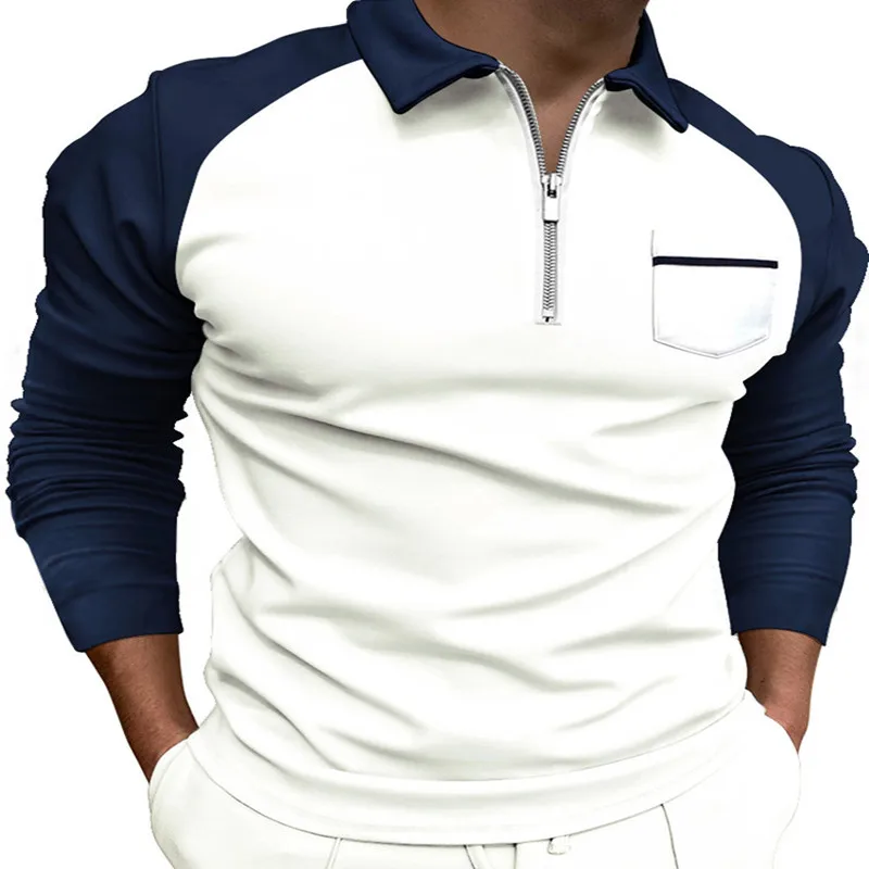 

Men's New Fashion Spliced Long-sleeve Shirt Men's Casual Zippered Collar Polo Business Casual Men's Polo Shirt
