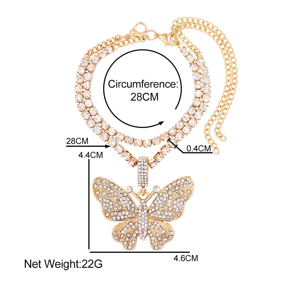 

Bohemian Full Rhinestone Paved Butterfly Tennis Chain Pendant Anklet For Women Crystal Double layer Anklet New Barefoot Jewelry