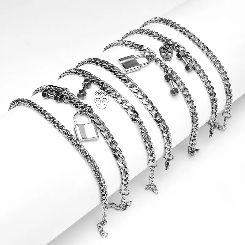 XIAOBOACC Punk Bracelet for Men Korean Fashion Lock Barbell Skull Pendant Titanium Steel Chain Wide Couple bracelet
XIAOBOACC Punk Bracelet for Men Korean Fashion Lock Barbell Skull Pendant Titanium Steel Chain Wide Couple bracelet