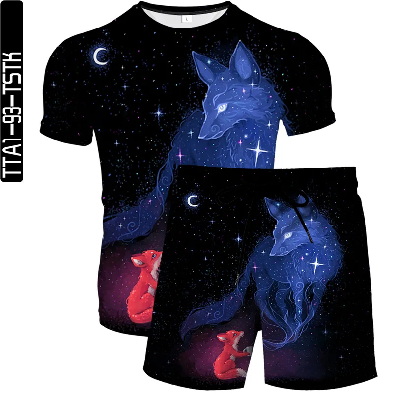 

2021 summer new men's and women's same style 3D printed beach pants fashion boutique T-shirt two-piece fox element pattern