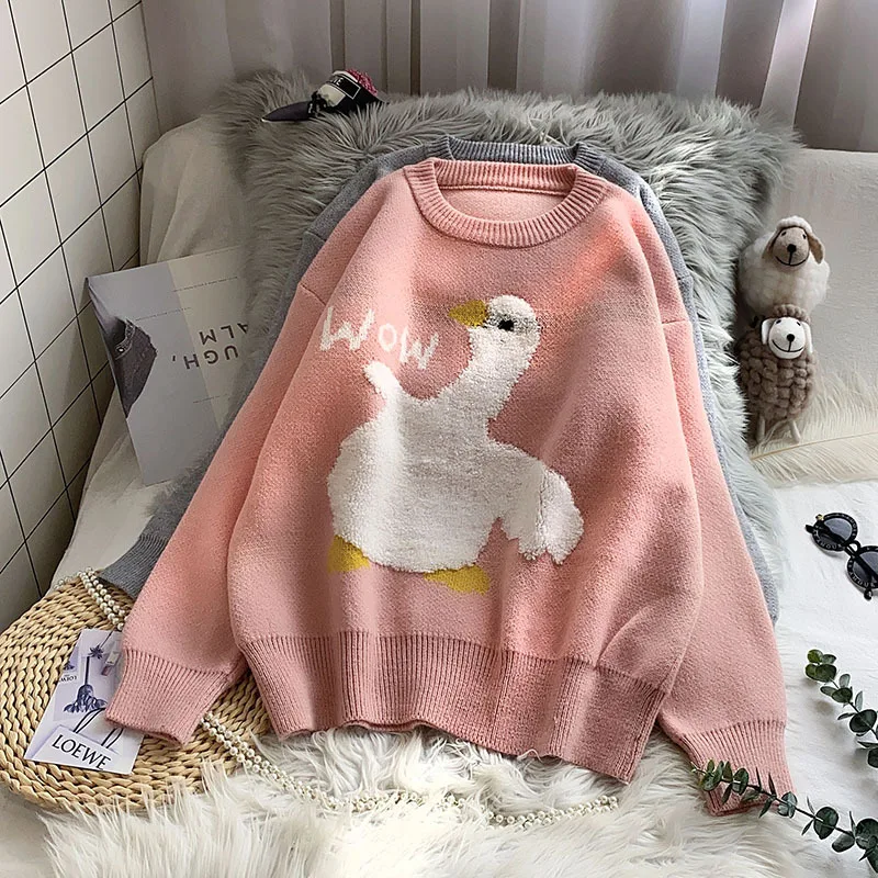 Casual O Neck Knitted Sweater Female Warm Lady Cartoon Duck Letter Sweater Autumn Winter Long Sleeve Pullover Jumper 2021
Casual O Neck Knitted Sweater Female Warm Lady Cartoon Duck Letter Sweater Autumn Winter Long Sleeve Pullover Jumper 2021