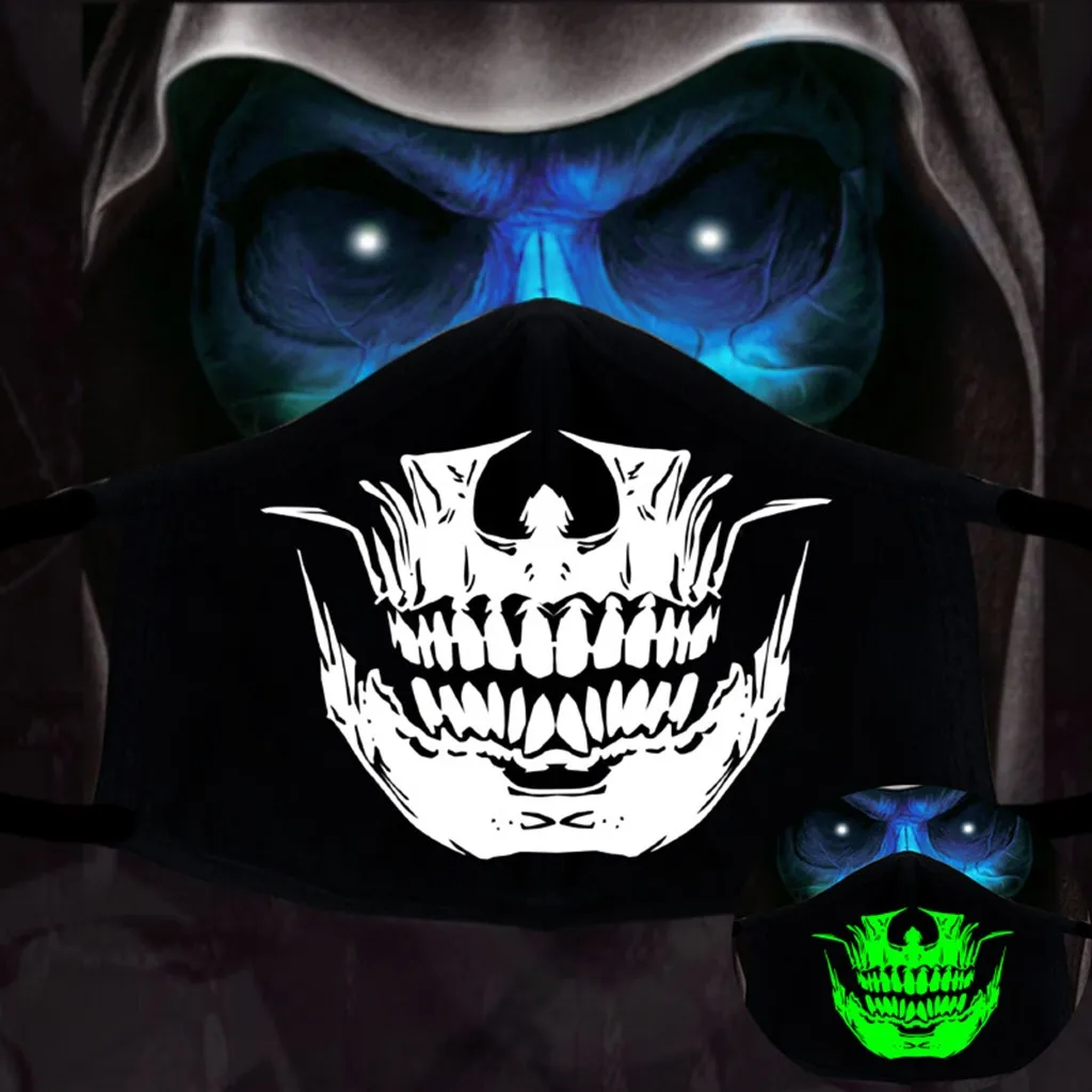 Halloween Cosplay Women Fashionable Luminous Mask Cotton Skull Print Mask Washable Breathable Reutilizable Face Cover masque 
Halloween Cosplay Women Fashionable Luminous Mask Cotton Skull Print Mask Washable Breathable Reutilizable Face Cover masque