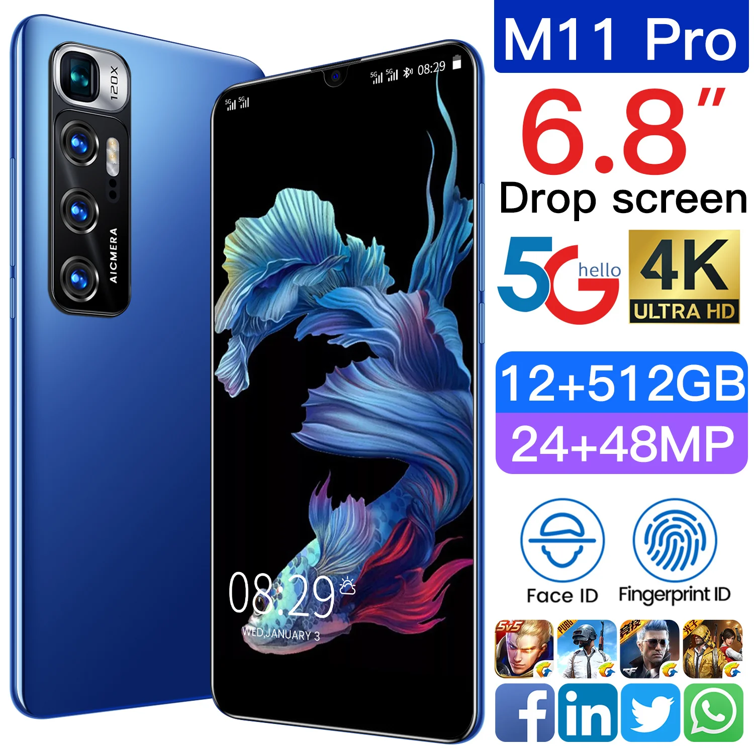 

M11 pro Smartphone Android 10.0 MTK6889 Deca Core 6.8-inch Featured HD+ Screen 12GB+512GB Unlocked Cell Phones Face Recognition