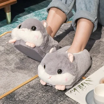 Cartoon Warm Winter Slippers Kawaii Hamster Unicorn Plush Shoes Soft Sole Flat Home Cotton Shoes Girl Women Floor Mute Non-slip
