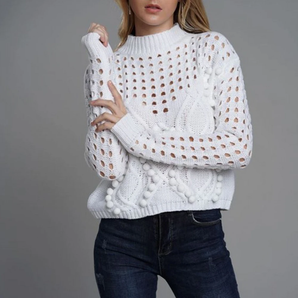 Белые женские свитера с вырезами Осень-зима 2020 водолазка длинным рукавом