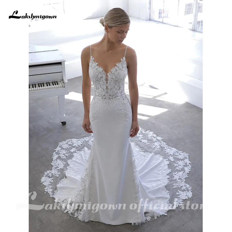 Simple Spaghetti Straps Mermaid/Trumpet Wedding Dresses Backless Court Train Tulle with Lace and Appliques Vestido De Novia
Simple Spaghetti Straps Mermaid/Trumpet Wedding Dresses Backless Court Train Tulle with Lace and Appliques Vestido De Novia