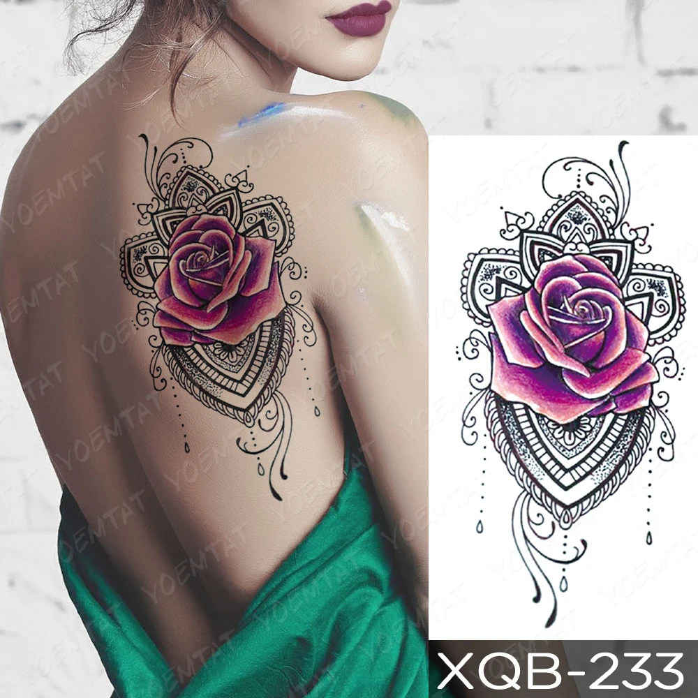 Водостойкая Временная тату-наклейка фиолетовая розовая линия роза цветок