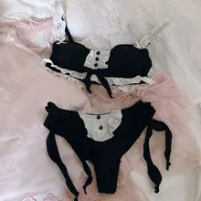 Girly sexy dark maid bowknot decorated underwear no steel ring milk silk bra set thong rear double row buckle lingerie with pant