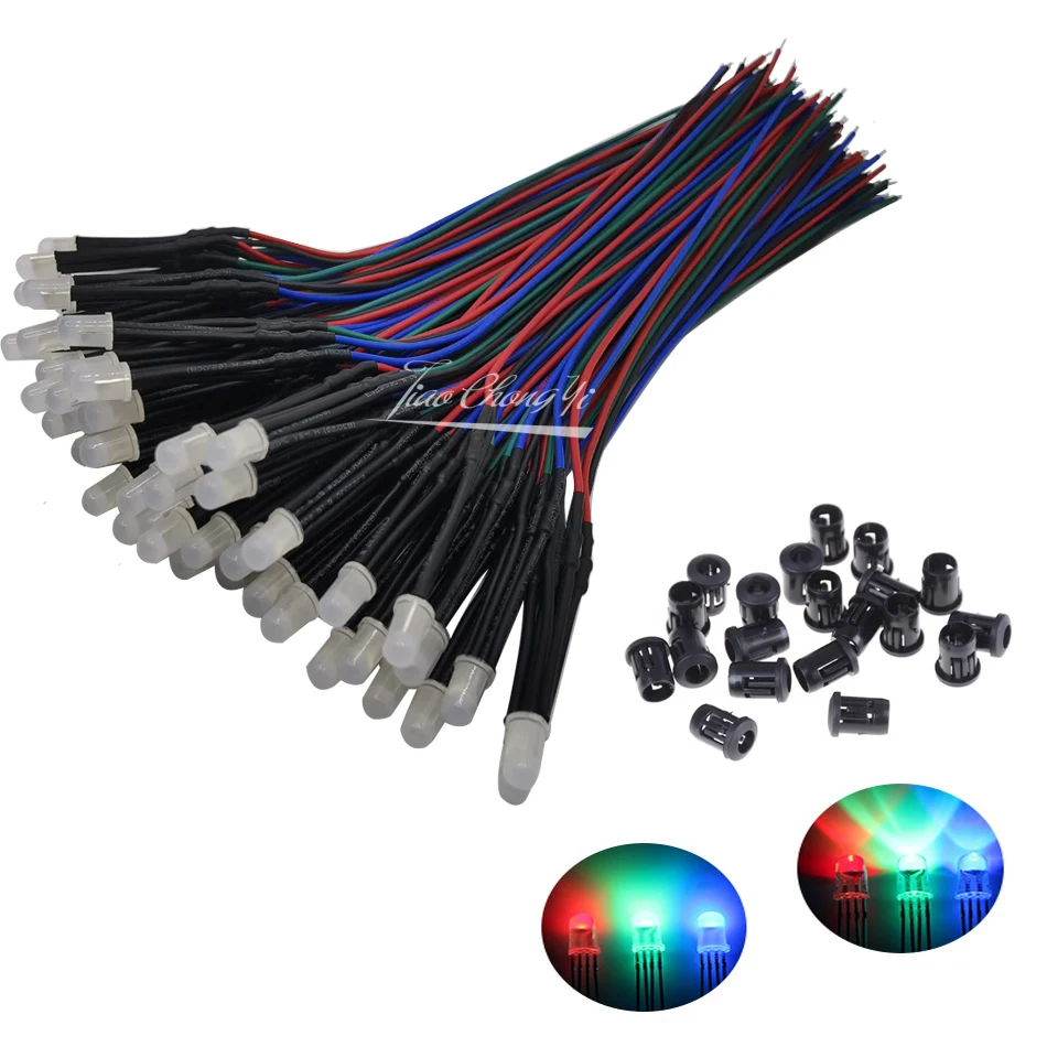 

10-50pcs 5mm DC12V RGB Multicolor LED Emitting Diode Common Anode Cathode 20cm Round Pre-Wired LED With Plastic Holder DIY