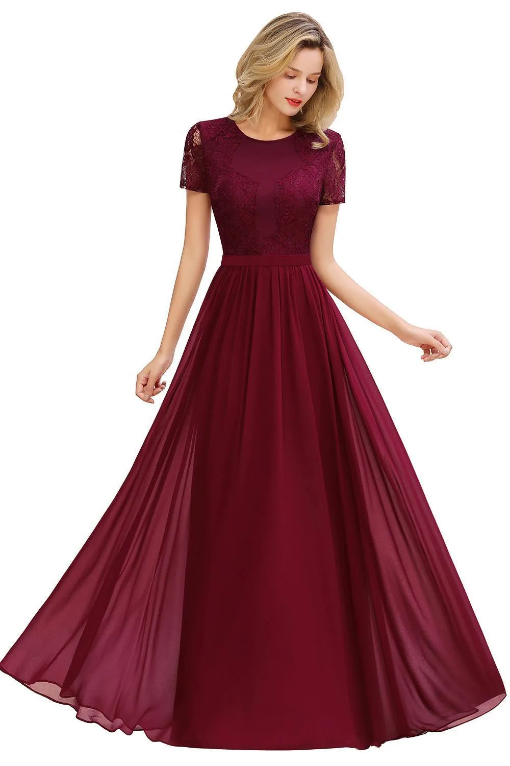 

Half Sleeve Burgundy Bridesmaid Dress Long A Line Chiffon Maid Of honor Gown Elegant Lace Scoop Neck robe de soiree