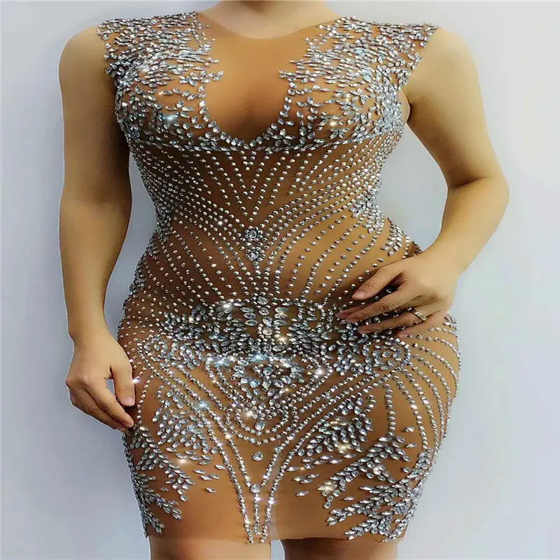 

T98 Sexy women nude pole dance dress stage costume rhinestones perspective hip skirt mesh crystal outfit sleeveless bar clothe