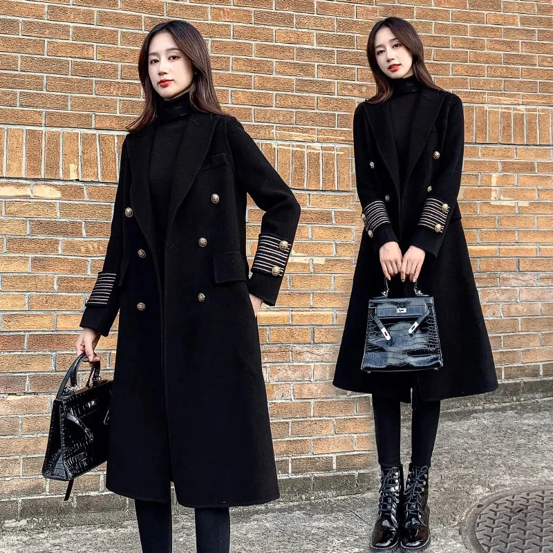 Black Woolen coat women's Mid-Long Over-The-Knee Winter 2021 New Temperament British Style Double Breasted Wool Jacket Female
Black Woolen coat women's Mid-Long Over-The-Knee Winter 2021 New Temperament British Style Double Breasted Wool Jacket Female