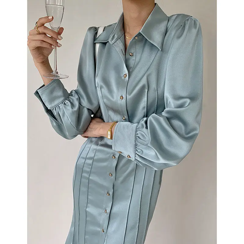 Lantern Long Sleeve Dresses For Female Lapel Collar High Waist Slimming Solid Color Women's Elegant Dress Fashion
Lantern Long Sleeve Dresses For Female Lapel Collar High Waist Slimming Solid Color Women's Elegant Dress Fashion