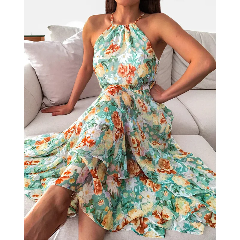 Женское длинное платье без рукавов, платье с принтом и лямкой на шее, лето 2021 
Женское длинное платье без рукавов, платье с принтом и лямкой на шее, лето 2021