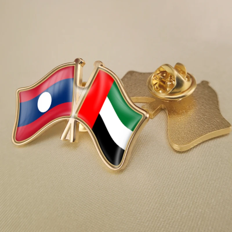 

Lao People's Democratic Republic and United Arab Emirates Crossed Double Friendship Flags Lapel Pins Brooch Badges