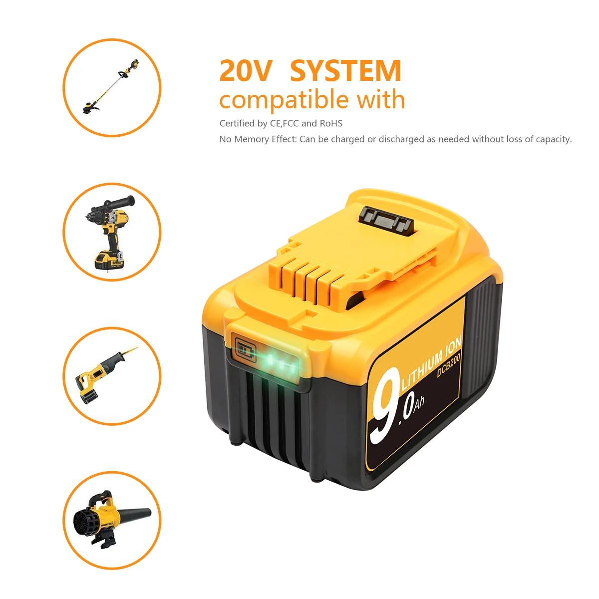 Литий-ионный аккумулятор для электроинструмента Powtree 9 0 Ач батарея DCB200 DeWalt 18 в 20