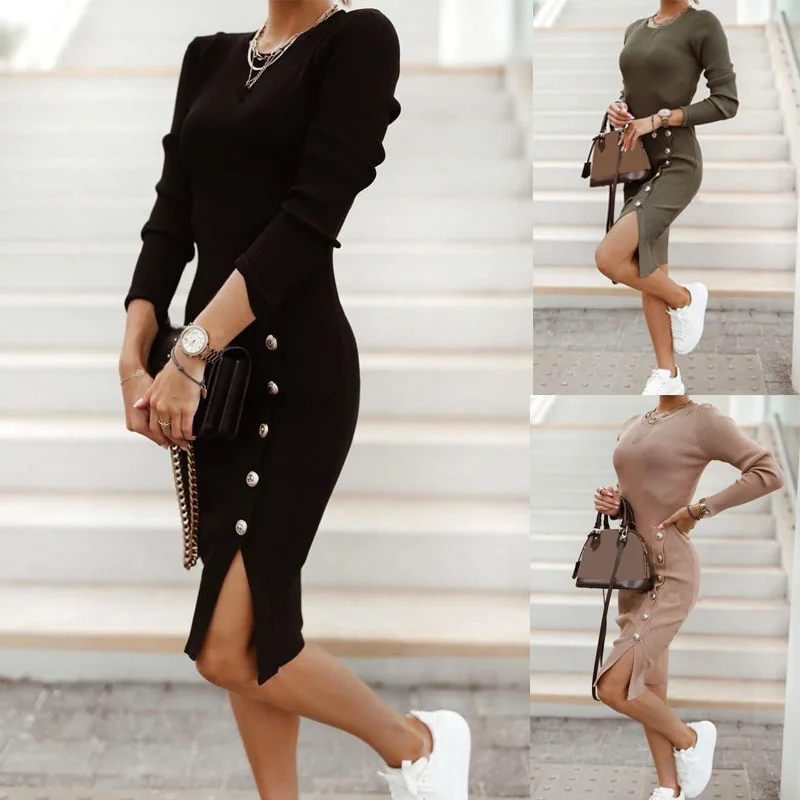 Mini Skinny Winter Package Hip Ribbed Dress Black Sexy Buttons Bodycon Dress Elegant Knitted Women Autumn Dresses Robe 
Mini Skinny Winter Package Hip Ribbed Dress Black Sexy Buttons Bodycon Dress Elegant Knitted Women Autumn Dresses Robe