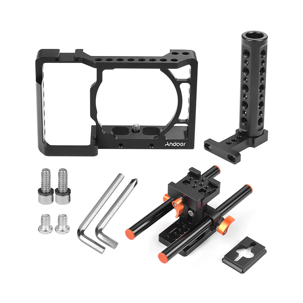 Andoer Camera Cage + Top Handle + 15mm Rod Baseplate Kit Video Film Movie Making Stabilizer for Sony A6500/A6400/A6300 Camera
Andoer Camera Cage + Top Handle + 15mm Rod Baseplate Kit Video Film Movie Making Stabilizer for Sony A6500/A6400/A6300 Camera