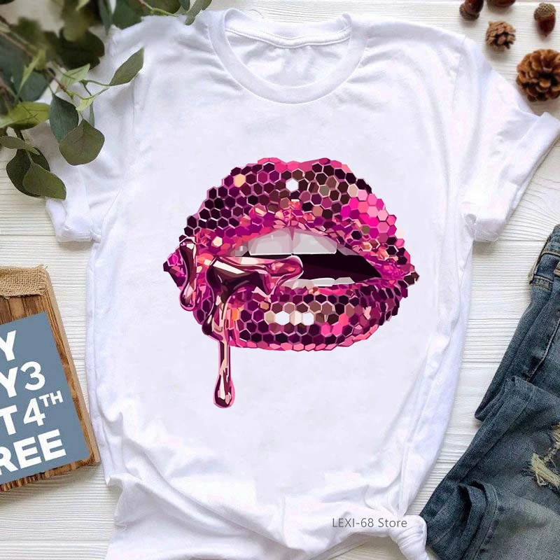 

Pink Glitter Lips Graphic Print Tshirt Women'S Clothing Luxurious Makeup T Shirt Haut Femme Aesthetic Clothes T-Shirt