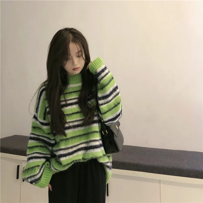 Ladies Retro Sweater Harajuku Cute Long Sleeve Top Green Striped Design Round Neck Pullover Sweater Women 
Ladies Retro Sweater Harajuku Cute Long Sleeve Top Green Striped Design Round Neck Pullover Sweater Women