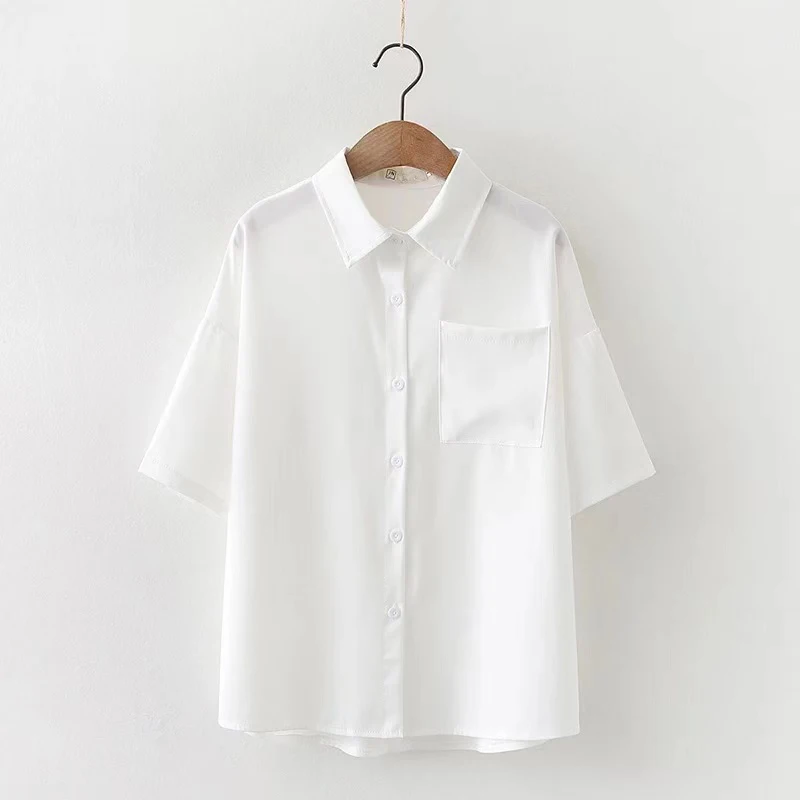 Женская блузка с коротким рукавом однотонный белый топ отложным воротником лето