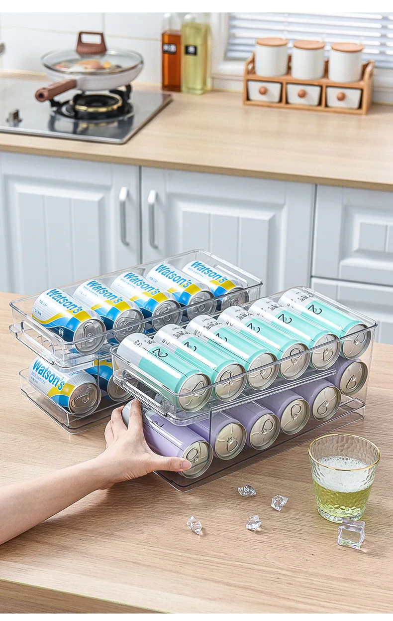 

Double-layer transparent self-rolling beverage storage rack Beer cola soda cans refrigerated PET refrigerator storage box