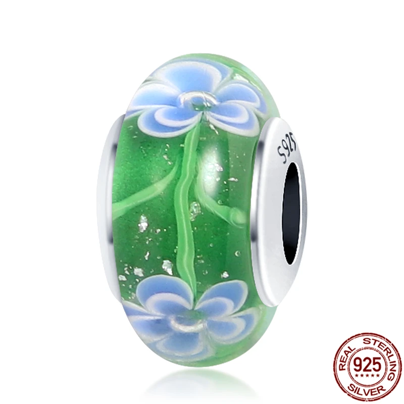 

NEW 925 Sterling Silver Women Fashion Jewelry Green And Blue Pattern Round Beads Chram Fit Original Pandora Bracelet&Bangle Gift