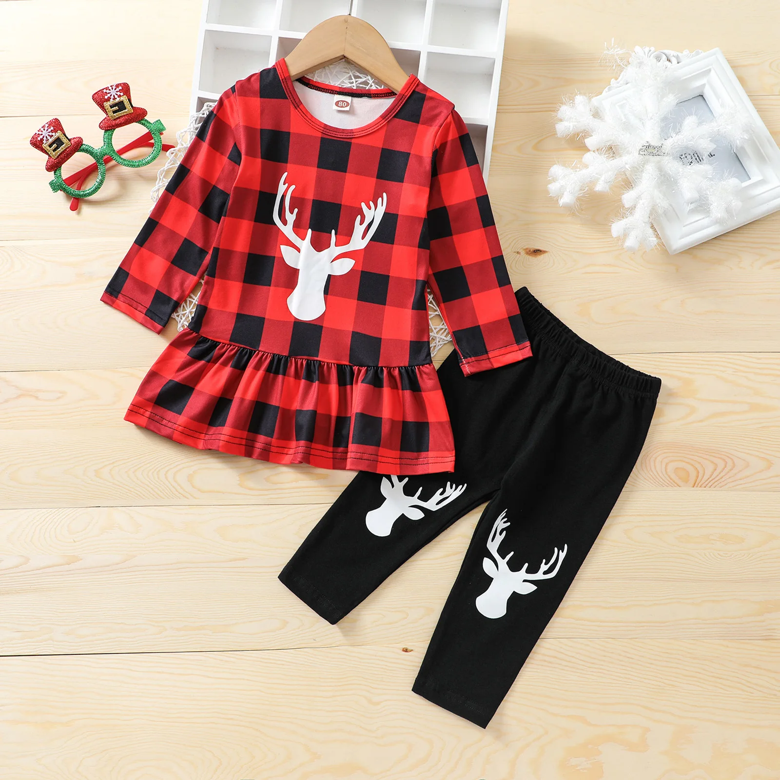 Girls Christmas Clothes Sets Plaid Print Long Sleeve Ruffle Hem O-neck Tops Deer Print Trousers
Girls Christmas Clothes Sets Plaid Print Long Sleeve Ruffle Hem O-neck Tops Deer Print Trousers