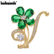 Baiduqiandu Green/Blue/Coffee/White 4-Color Cubic Zirconia Flower Brooches Women Good Quality Plant Brooches Clothes Jewelry