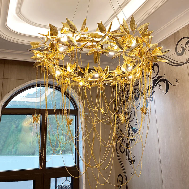 Luxury Gold Leaves Chandelier for Living Room Villa Hall Indoor Decoration Butterfly Hanging Lamp Long Copper Lighting Fixture 
Luxury Gold Leaves Chandelier for Living Room Villa Hall Indoor Decoration Butterfly Hanging Lamp Long Copper Lighting Fixture