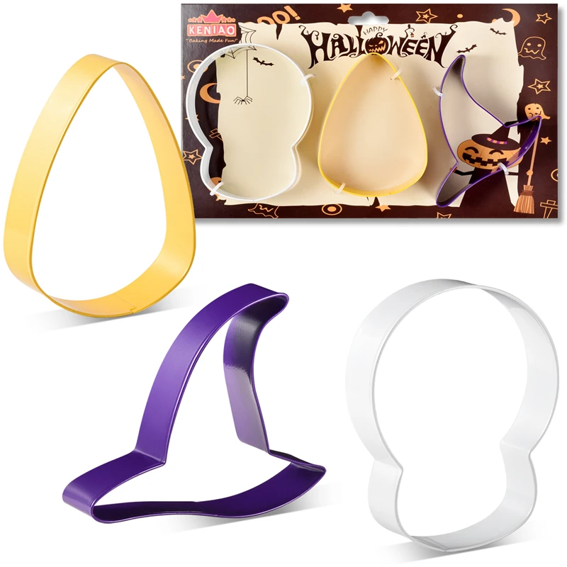 

KENIAO Halloween Cookie Cutter Set - 3 PC -Skull, Candy Corn Witch's Hat Biscuit Fondant Molds- Color Coated Stainless Steel