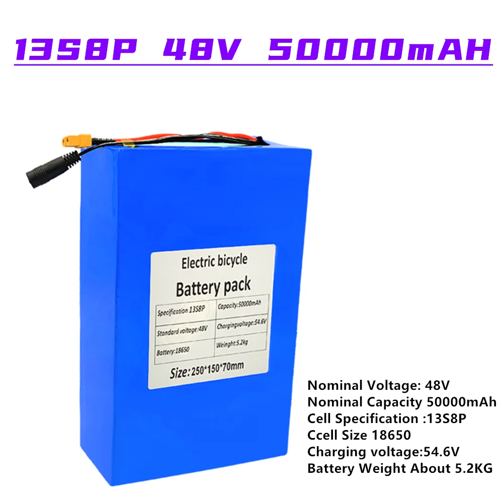 2021 Newest 48V 50000mAH 13S8P 18650 Lithium Battery Pack 48V 50AH 1000W Electric Bicycle Battery with 50A BMS XT60 Plug
2021 Newest 48V 50000mAH 13S8P 18650 Lithium Battery Pack 48V 50AH 1000W Electric Bicycle Battery with 50A BMS XT60 Plug