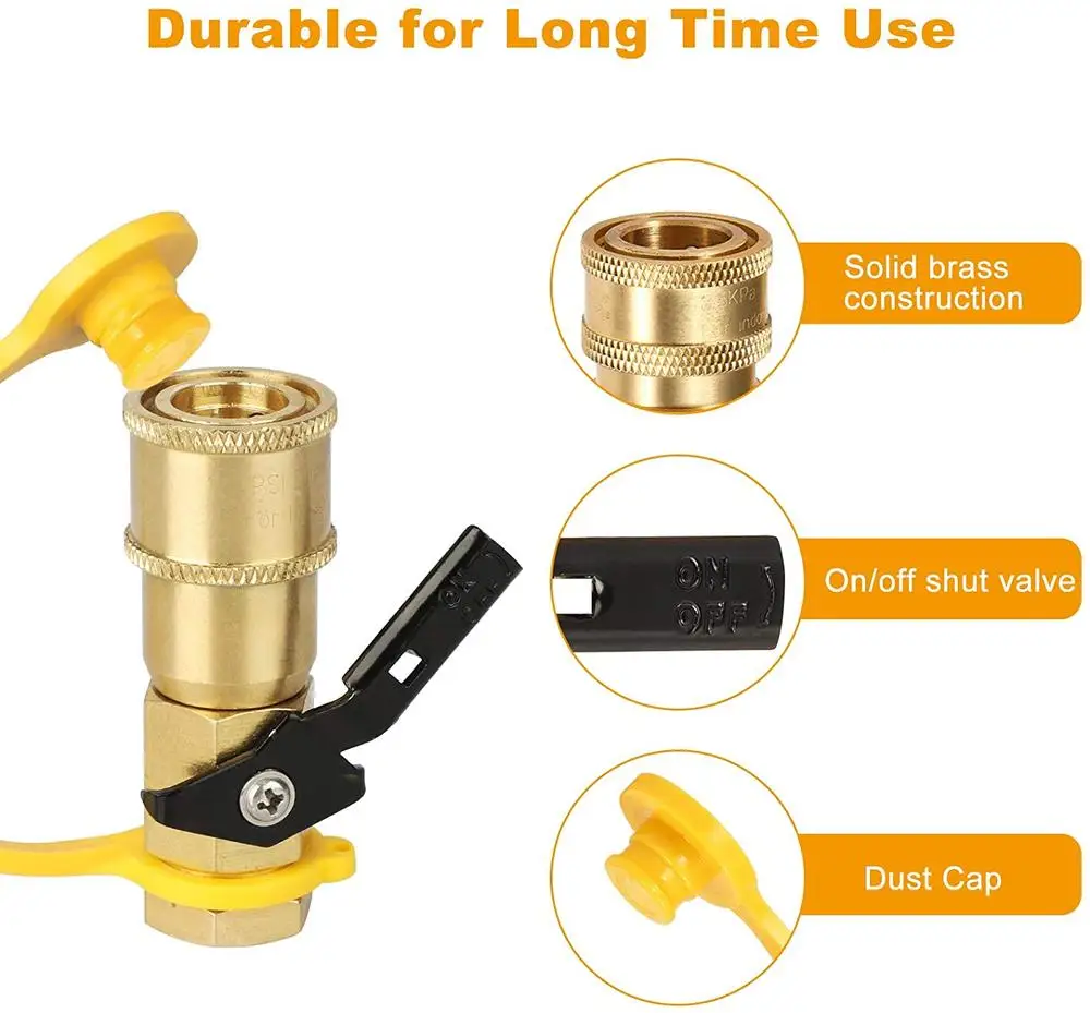1/4in RV Propane Hose Quick Connect Adapter Air Hose Fitting with Shutoff Valve