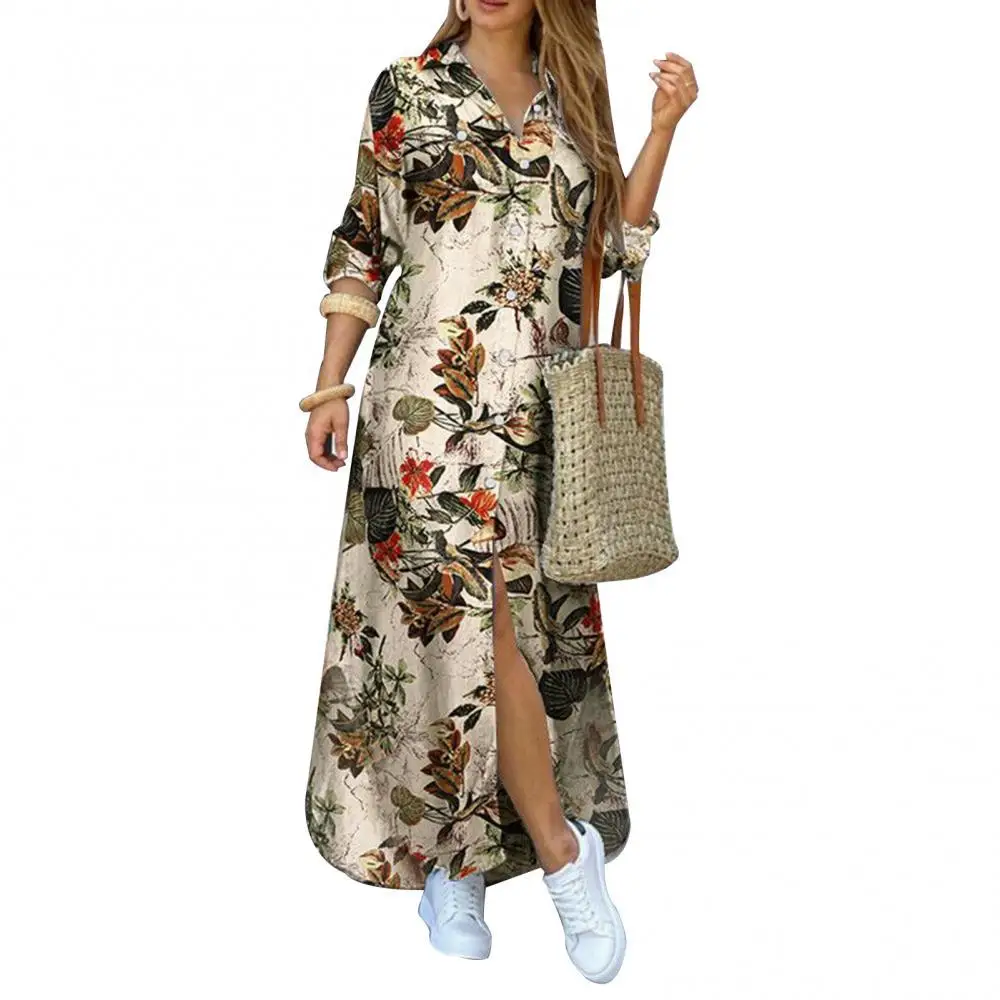 

Fashion Female Long Sleeve Flowers Leopard Camo Print Split Dress Hem Turn Down Collar Maxi Shirt Dress Woman Autumn 2021