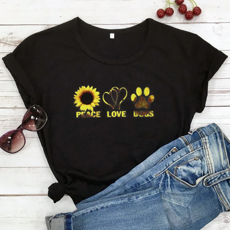 

Цветной Peace Love футболка с рисунком собак из мультфильма эстетическое Для женщин Графический Кристиан доброте футболка с милой собачкой под...