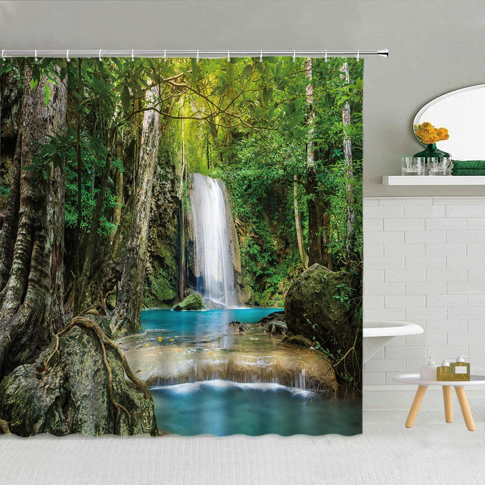 

Waterfall Forest Stones Natural Landscape Shower Curtain Fabric High Quality Bathroom Supplies Decor Cloth Curtains With Hooks