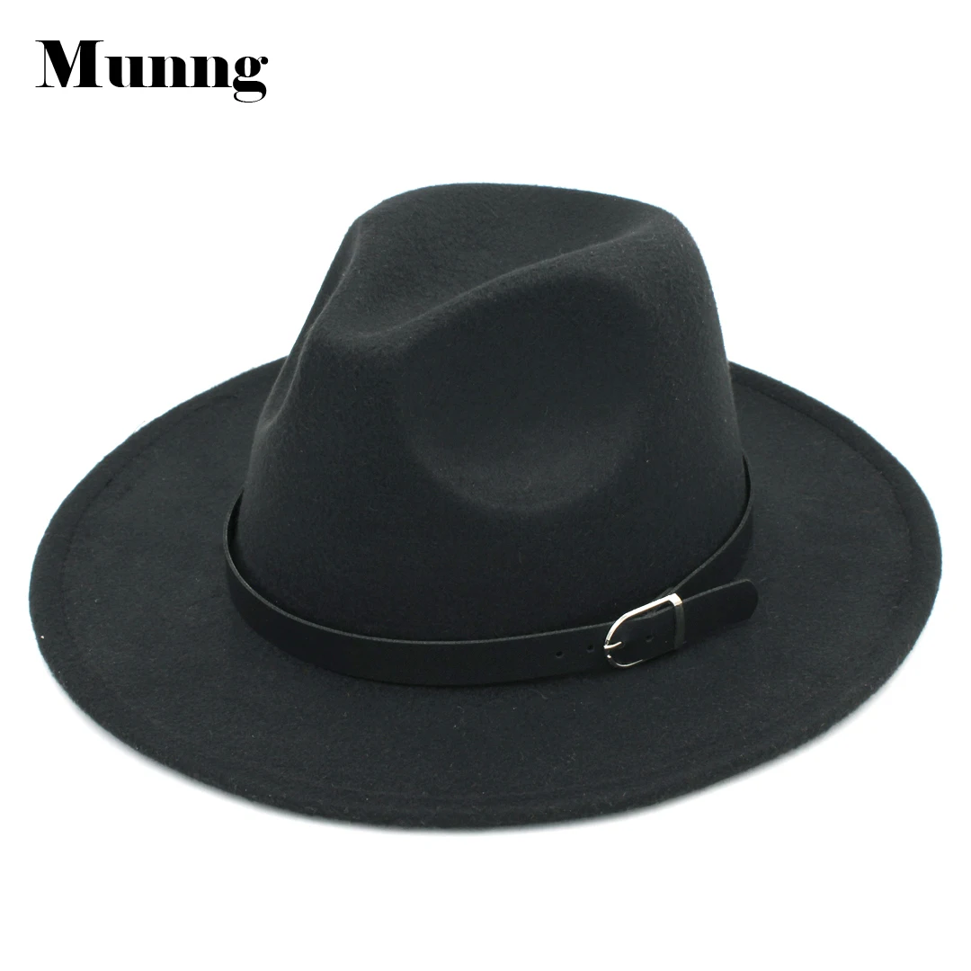 

Munng Fashion Men Women's Wool Blend Panama Hat Wide Brim Fedora Trilby Caps Jazz Gangster Church Cap w/ Leather Belt Band