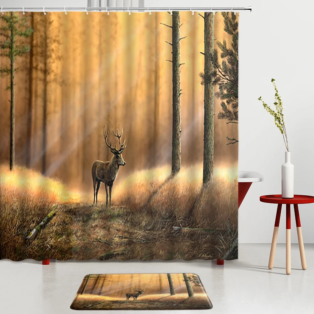 Forest Landscape Elk Shower Curtains Set Sunlight Gold Natural Scenery Bath Mats Bath Screen Bathroom Room Decoration Carpets 
Forest Landscape Elk Shower Curtains Set Sunlight Gold Natural Scenery Bath Mats Bath Screen Bathroom Room Decoration Carpets