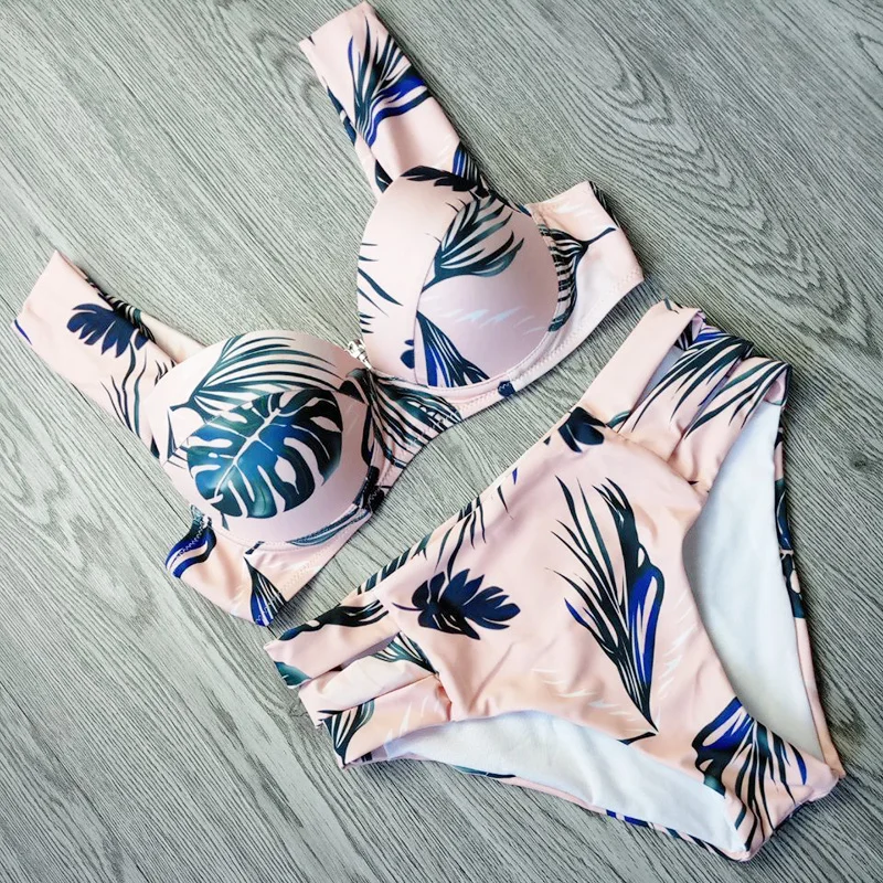 

Sexy Women Swimsuit Padded Beach Wear Palm leaf Print Bikini Set Push Up Swimwear Bandeau Beach Bathing Suit female Biquini XL