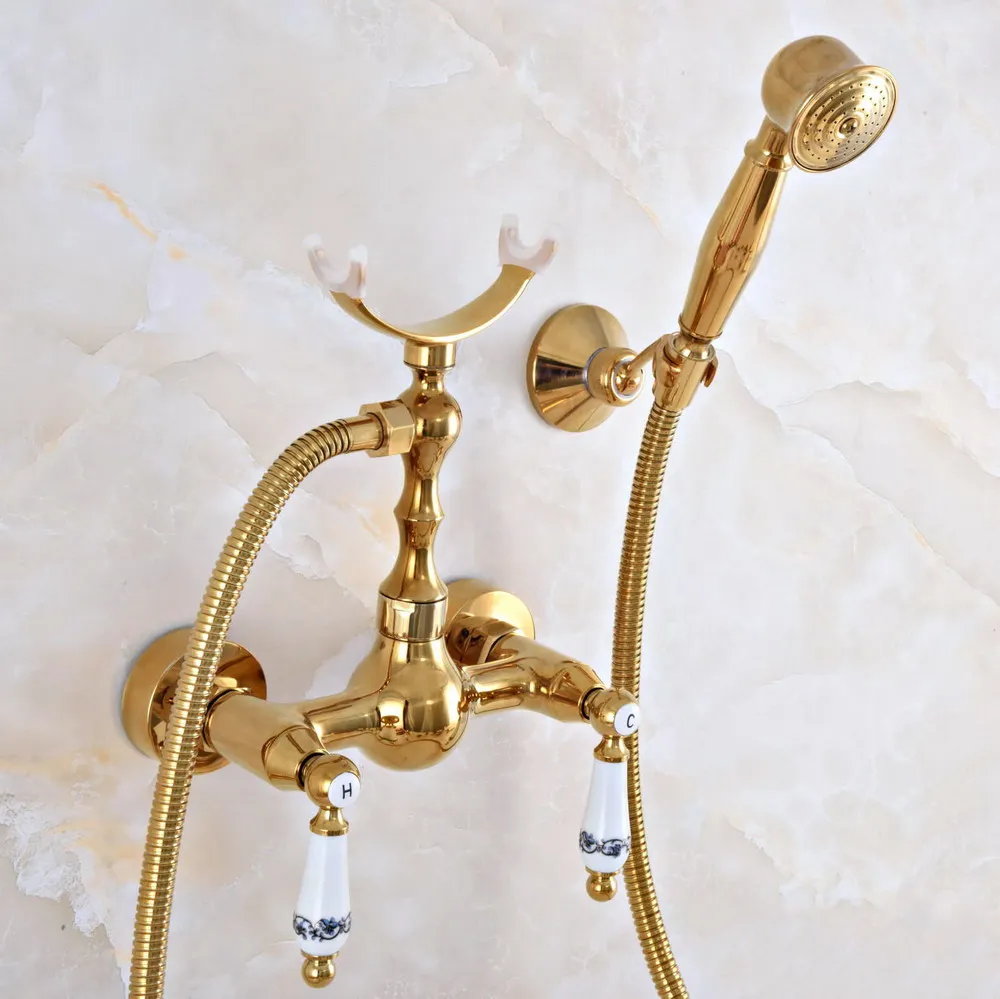 

Contemporary Luxury Gold Color Brass Wall Mounted Bathtub Faucet with Handheld Shower Set +150CM Hose Mixer Tap 2na927