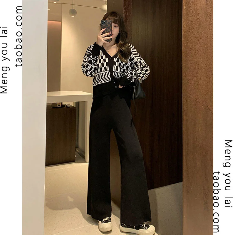 Стильный осенний шикарный трикотажный модный костюм в стиле ретро женский стиль Элегантные широкие брюки 
Стильный осенний шикарный трикотажный модный костюм в стиле ретро женский стиль Элегантные широкие брюки