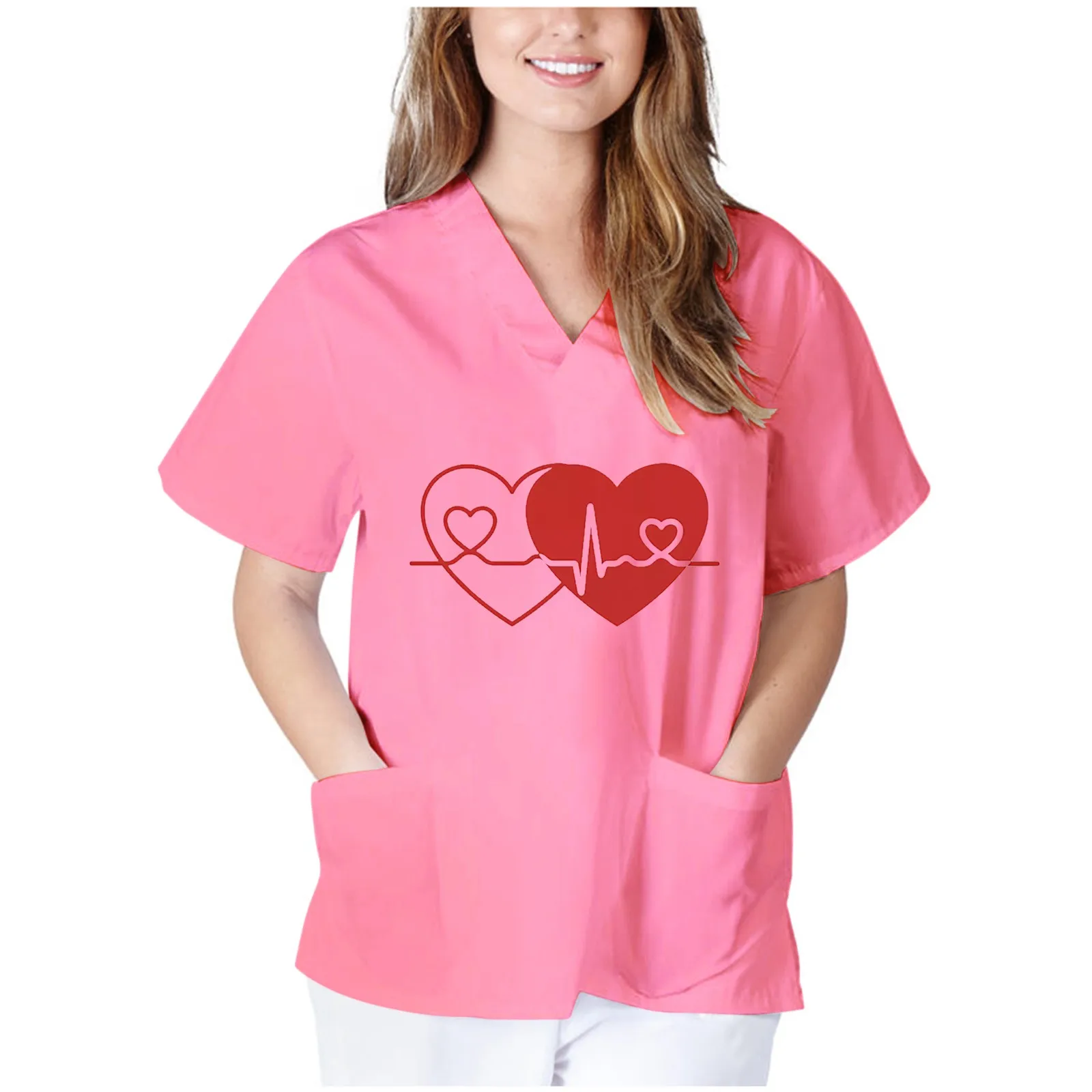 Women Short Sleeve V-neck Tops Nursing Working Uniform T-shirts Uniforme de enfermera Love Patrn de color de
Women Short Sleeve V-neck Tops Nursing Working Uniform T-shirts Uniforme de enfermera Love Patrn de color de