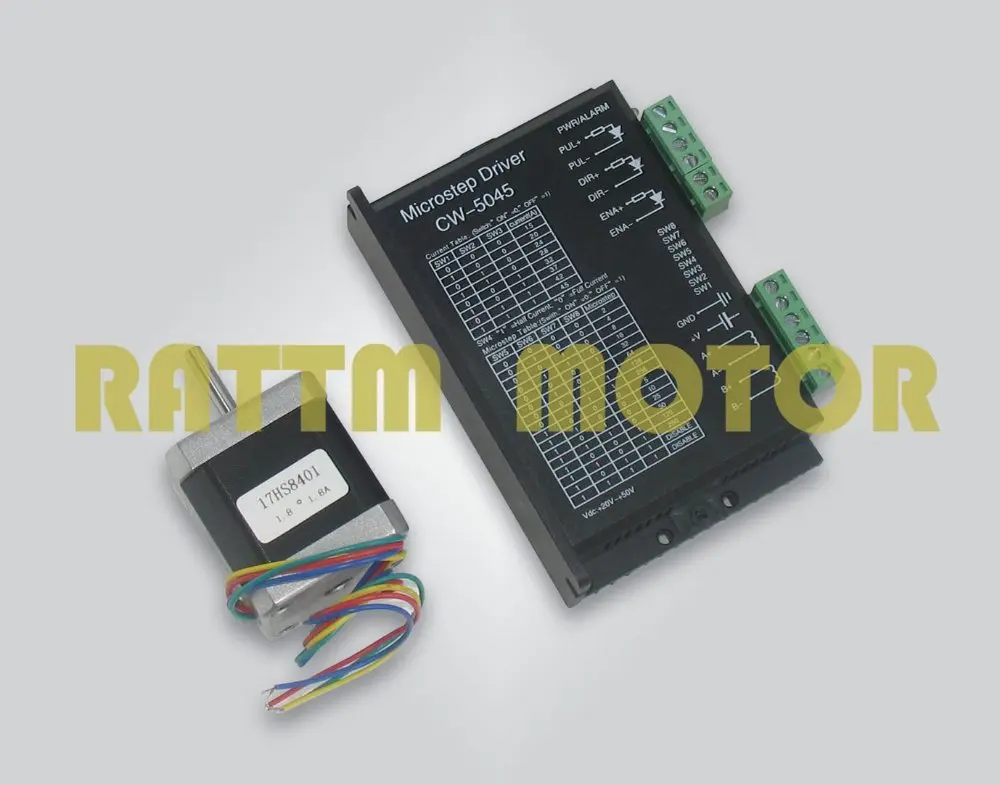 4- lead NEMA17 stepper motor 48mm/1.8A 78 oz-in & driver with CW5045 256 microstep and 4.5A current for CNC Router
4- lead NEMA17 stepper motor 48mm/1.8A 78 oz-in & driver with CW5045 256 microstep and 4.5A current for CNC Router