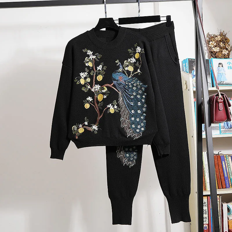 

Autumn Fashion Black Knitted Tracksuits Two Piece Outfits Women 2pc Loose Peacock Embroidery Pullover Sweater Pants Set Female