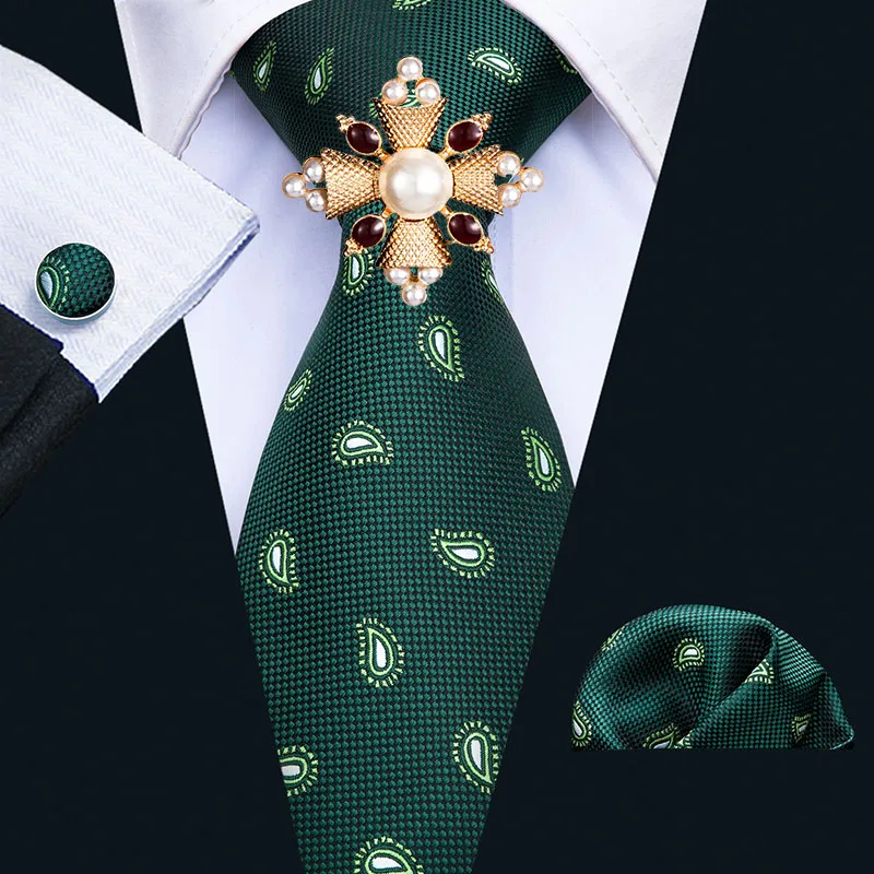 

Классические зеленые мужские галстуки для мужчин, деловой Свадебный галстук 8,5 см, узор Пейсли, галстук Hanky, запонки, брошь, набор, модная руб...